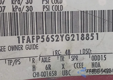 2000 Ford Taurus Sel from USA, damaged, VIN 1FAFP56S2YG218851